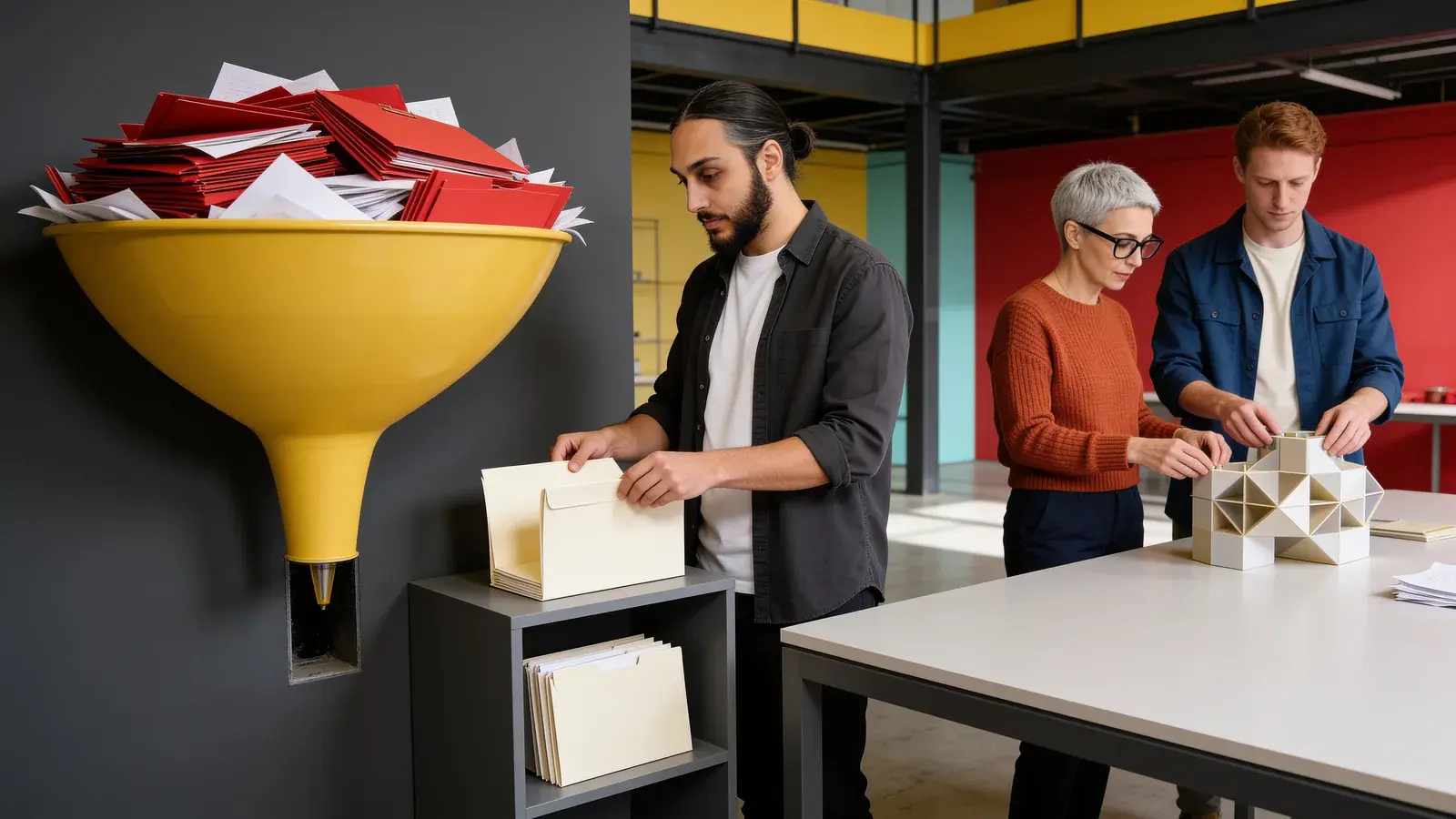 Drei Menschen arbeiten an einem Tisch mit Papiermodulen; daneben ein großer gelber Trichter voller Akten