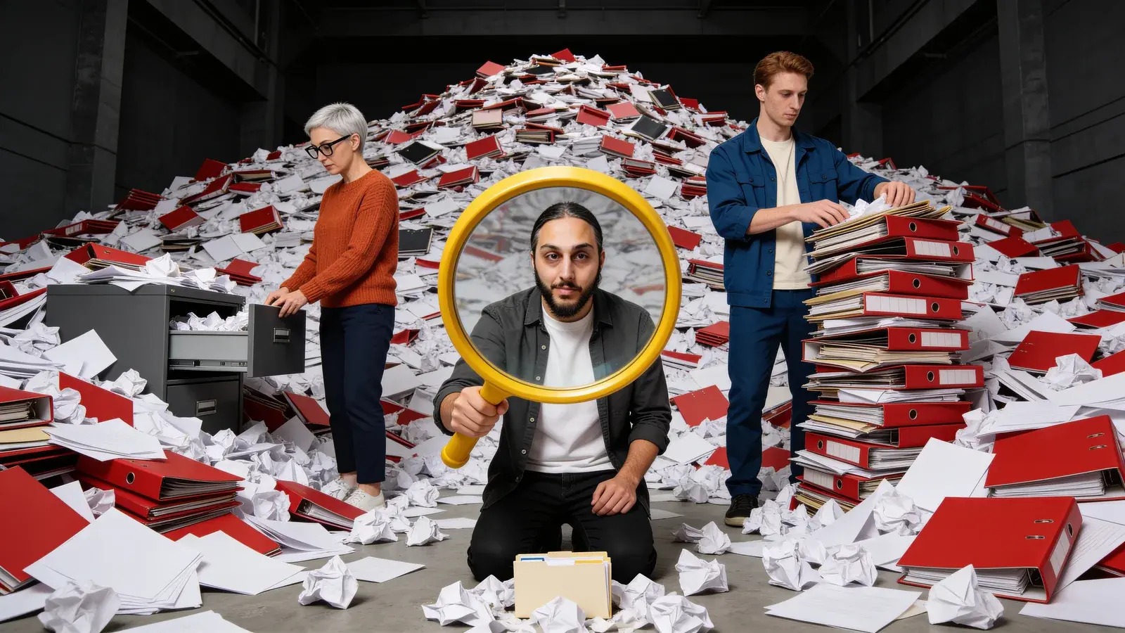 Drei Menschen suchen zwischen Papierstapeln, Aktenordnern und einem Aktenschrank nach Unterlagen